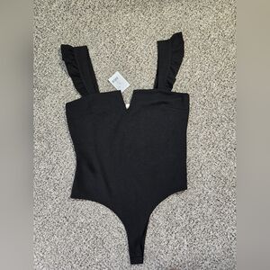 Moa Moa Classic Black Womens Bodysuit with Ruffle Straps Size L NWT